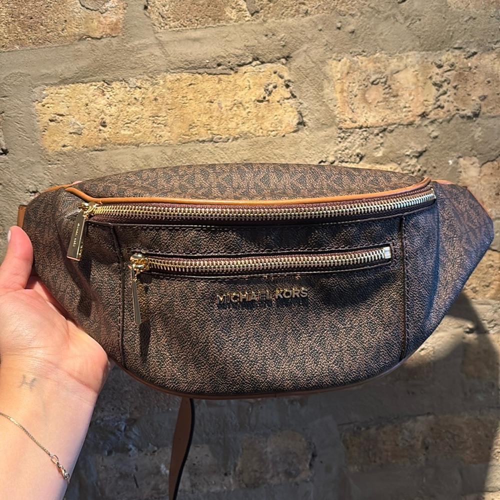 Michael Kors Brown Logo Wristlet with Gold Zippers
